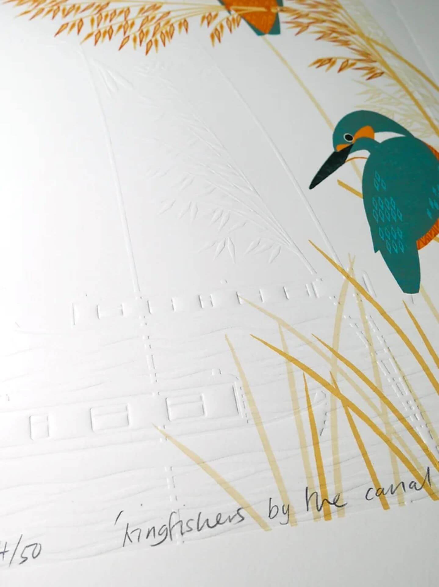 Print Kingfishers by the Canal Reduction Woodcut Print homeware shops bristol gift shops bristol Ash Leaf Printmaking