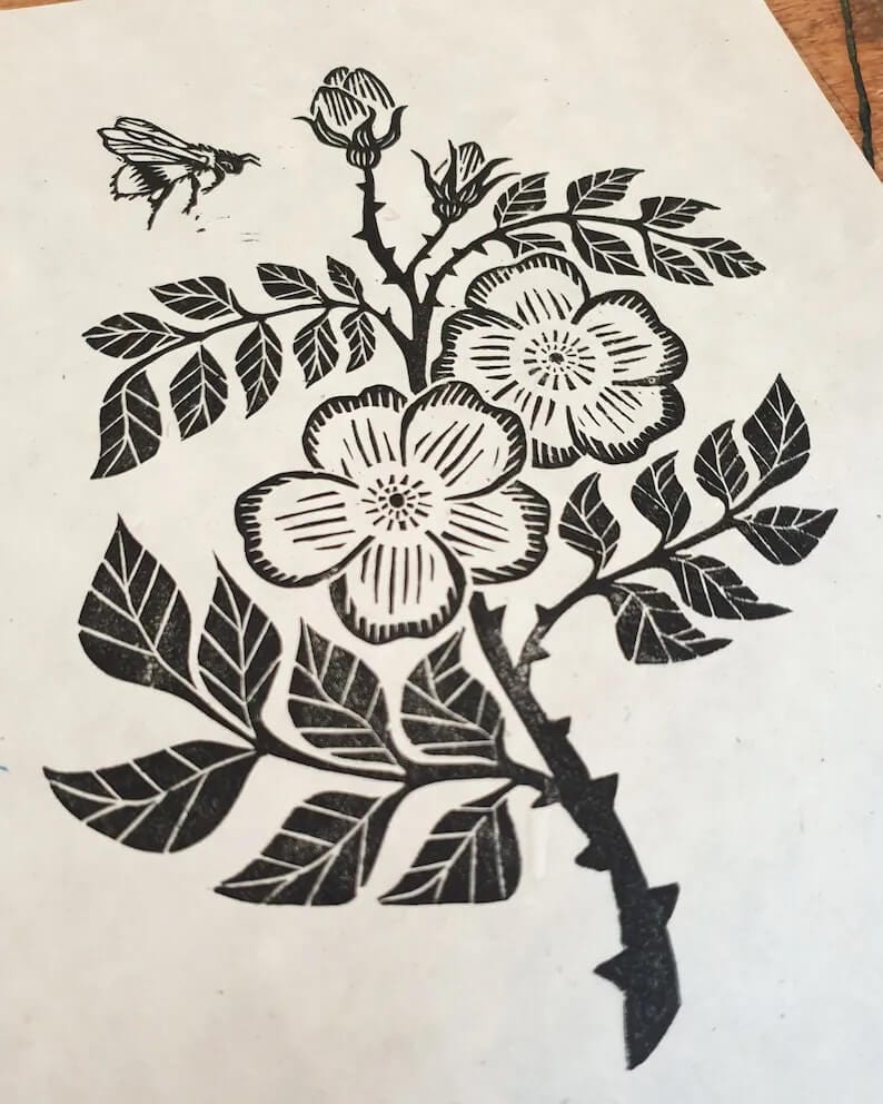 Black 'Dog Rose' Original Lino Print (in multiple colours) homeware shops bristol gift shops bristol Becca Thorne Illustration