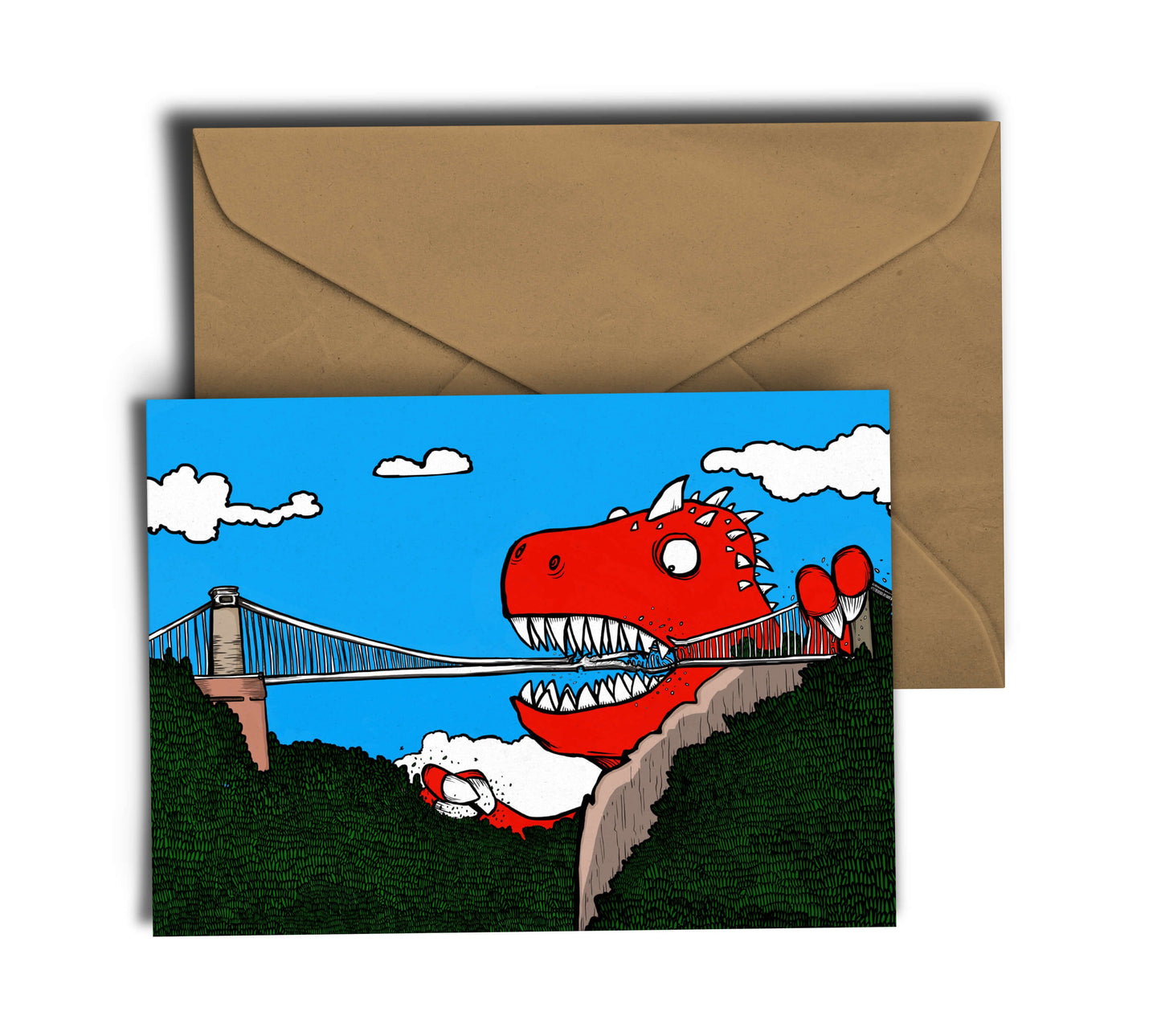 Greetings Card A6 Greeting Card Dinosaur Vs Bristol's Clifton Suspension Bridge Greetings Card homeware shops bristol gift shops bristol Dixon Does Doodles