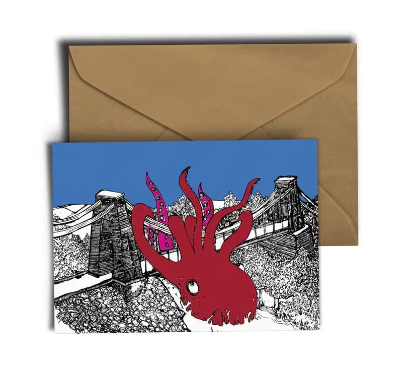 Greetings Card A6 Greeting Card Octopus Vs Bristol's Clifton Suspension Bridge Greetings Greetings Card homeware shops bristol gift shops bristol Dixon Does Doodles