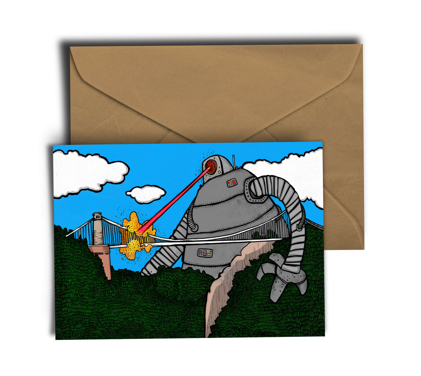 Greetings Card A6 Greeting Card Robot Vs Bristol's Clifton Suspension Bridge Greetings Card homeware shops bristol gift shops bristol Dixon Does Doodles