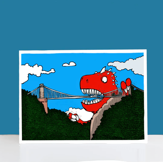 Prints A4 Print Dinosaur Vs Bristol's Clifton Suspension Bridge Print homeware shops bristol gift shops bristol Dixon Does Doodles