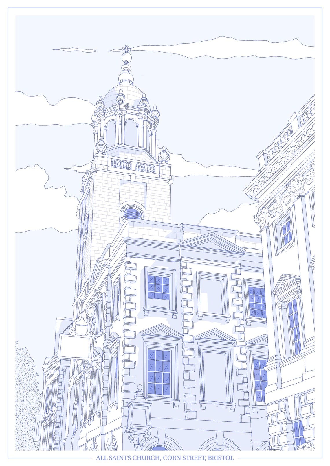 Print Blue All Saints Church, Corn Street Print - A4 (various colours) homeware shops bristol gift shops bristol Ellie Rowe Design