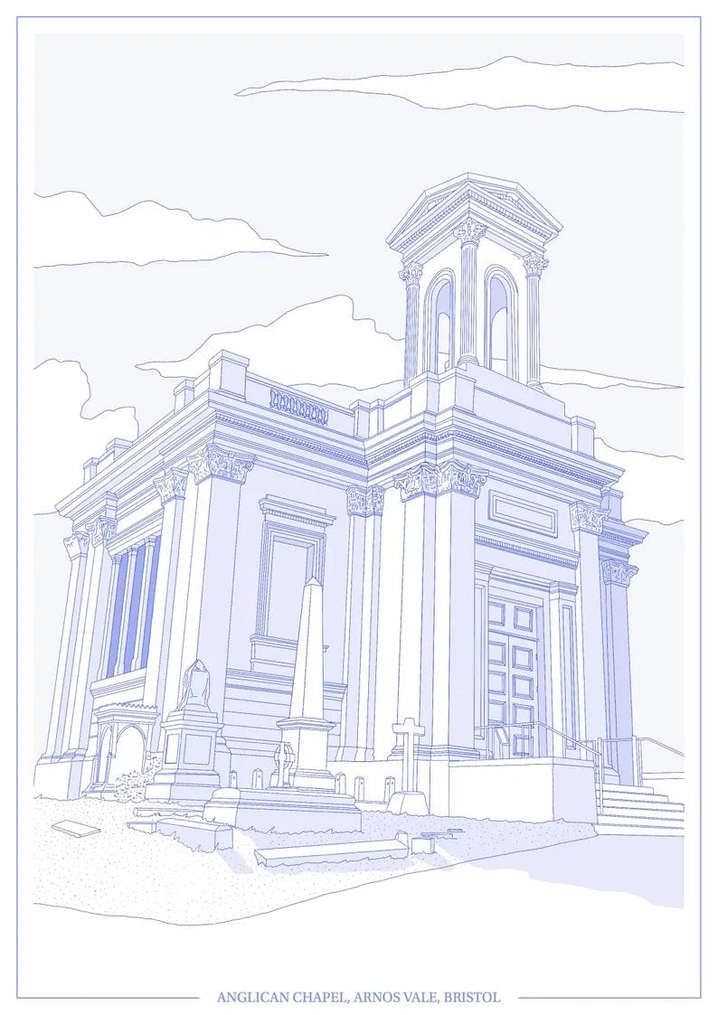Print Blue Anglican Chapel, Arnos Vale Cemetery Print - A4 (various colours) homeware shops bristol gift shops bristol Ellie Rowe Design