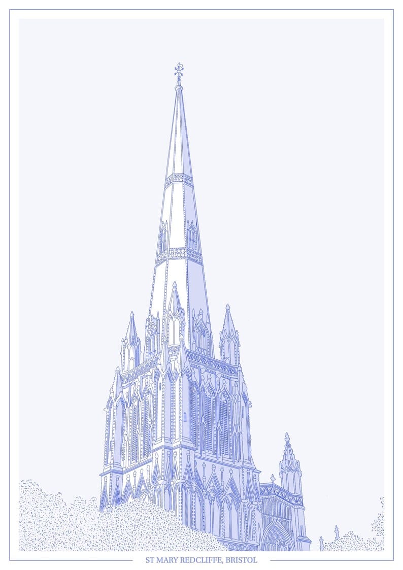 Print Blue St Mary Redcliffe Print - A4 (various colours) homeware shops bristol gift shops bristol Ellie Rowe Design