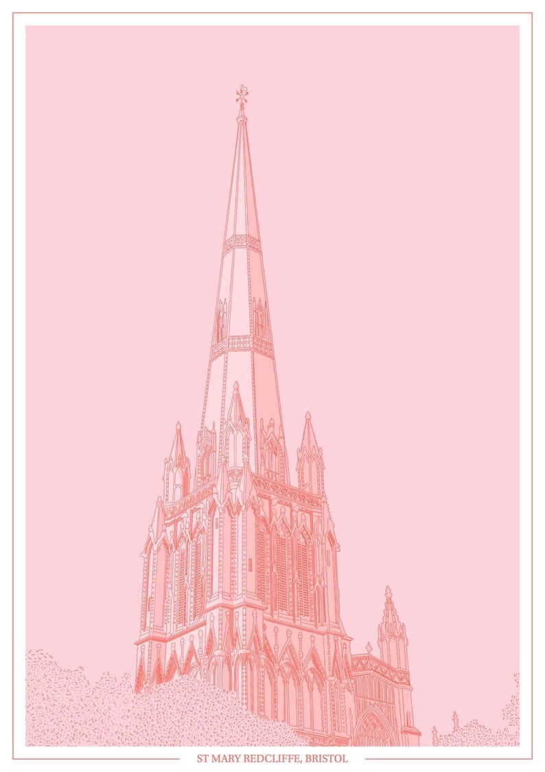 Print Pink St Mary Redcliffe Print - A4 (various colours) homeware shops bristol gift shops bristol Ellie Rowe Design