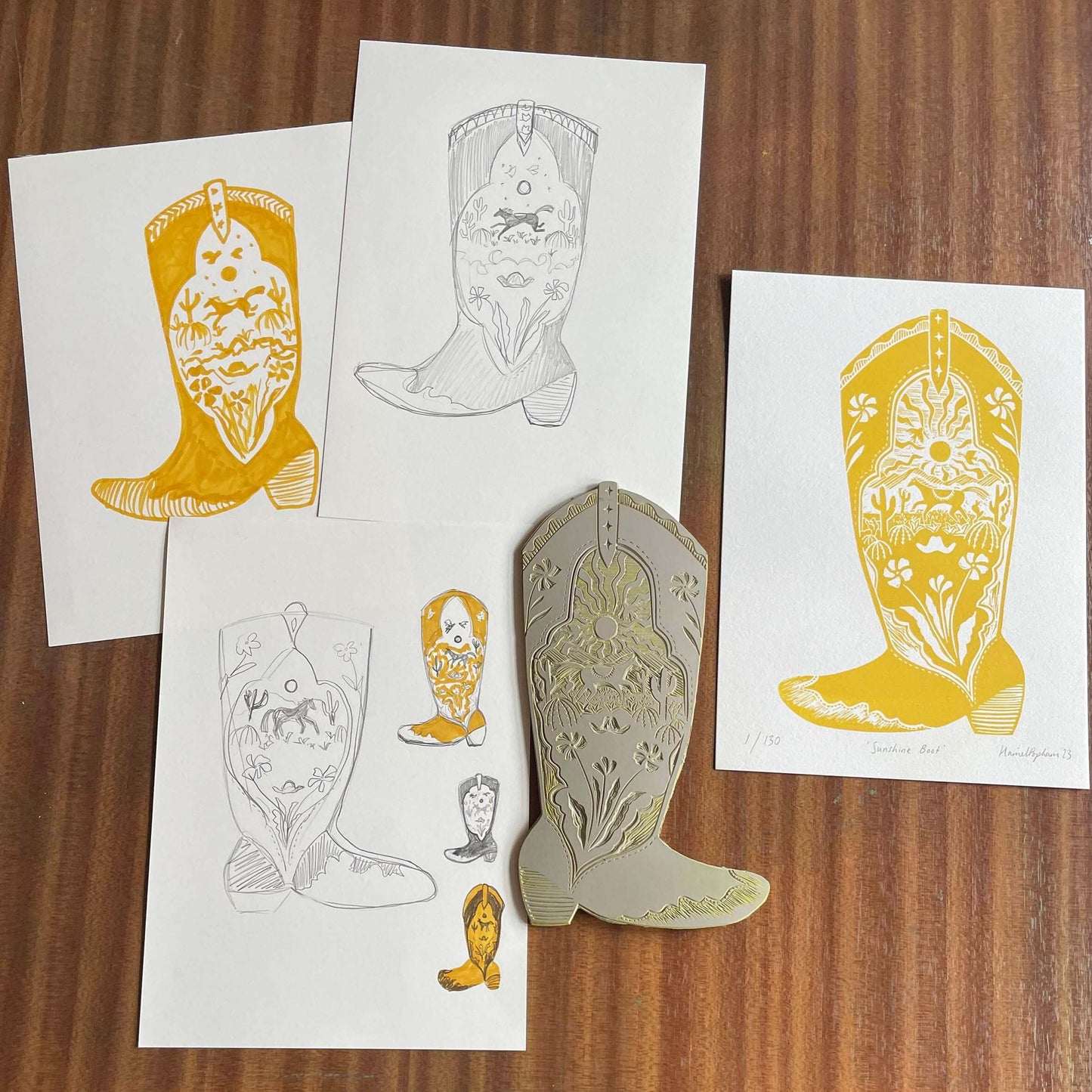 Prints Sunshine Boot - A4 Original Lino Print - Limited Edition (Framed or Unframed) homeware shops bristol gift shops bristol Harriet Popham