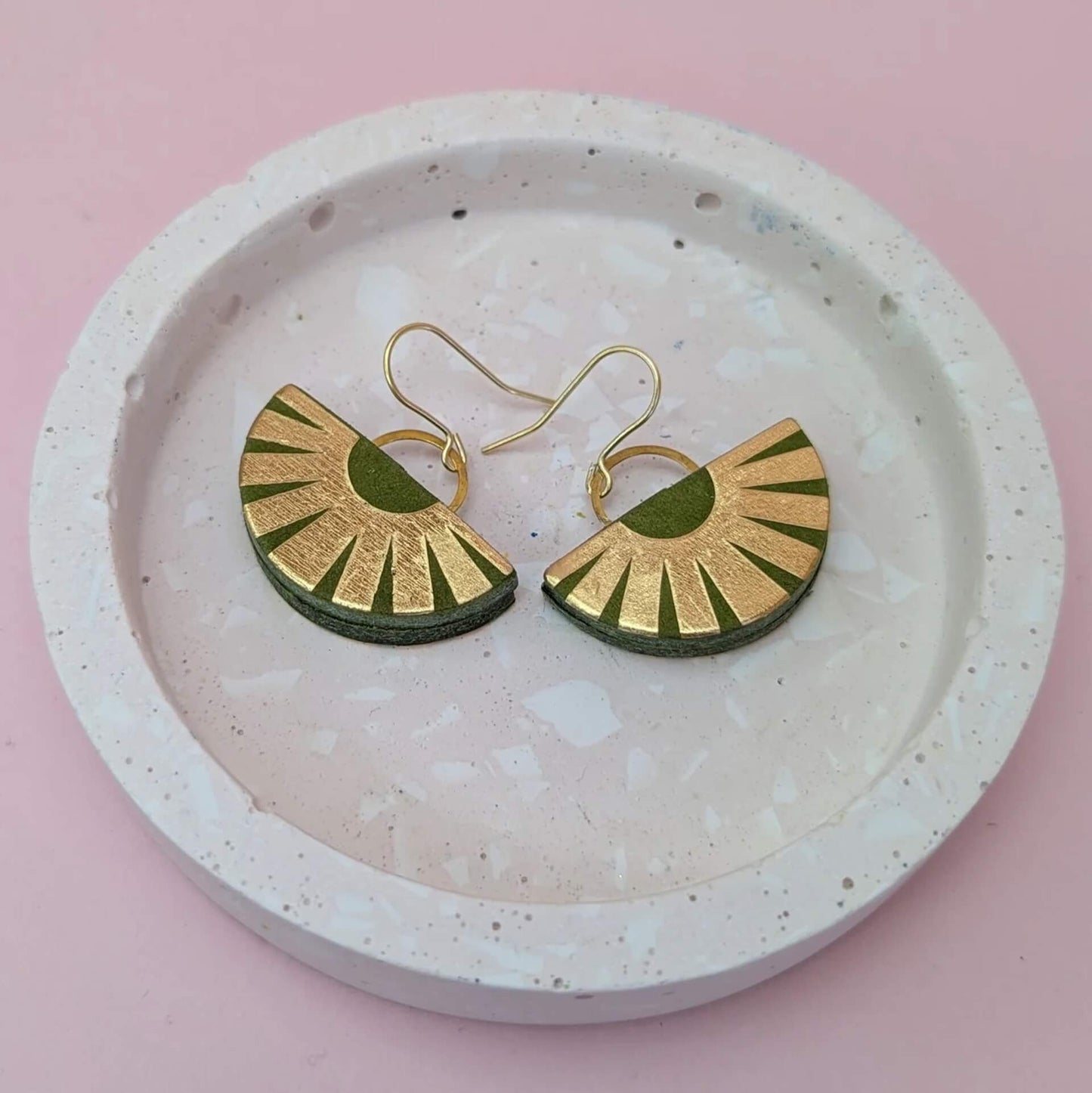 Earrings Olive/Gold Recycled Leather Earrings - Drop Fan (Various Colours) homeware shops bristol gift shops bristol Kay Morgan