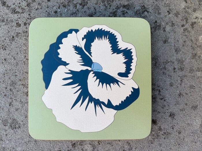 Handmade Trivet Sage Green, Cream & Petrol Blue Pansy Marquetry Pan Trivet - Various Colours homeware shops bristol gift shops bristol Lucy Turner