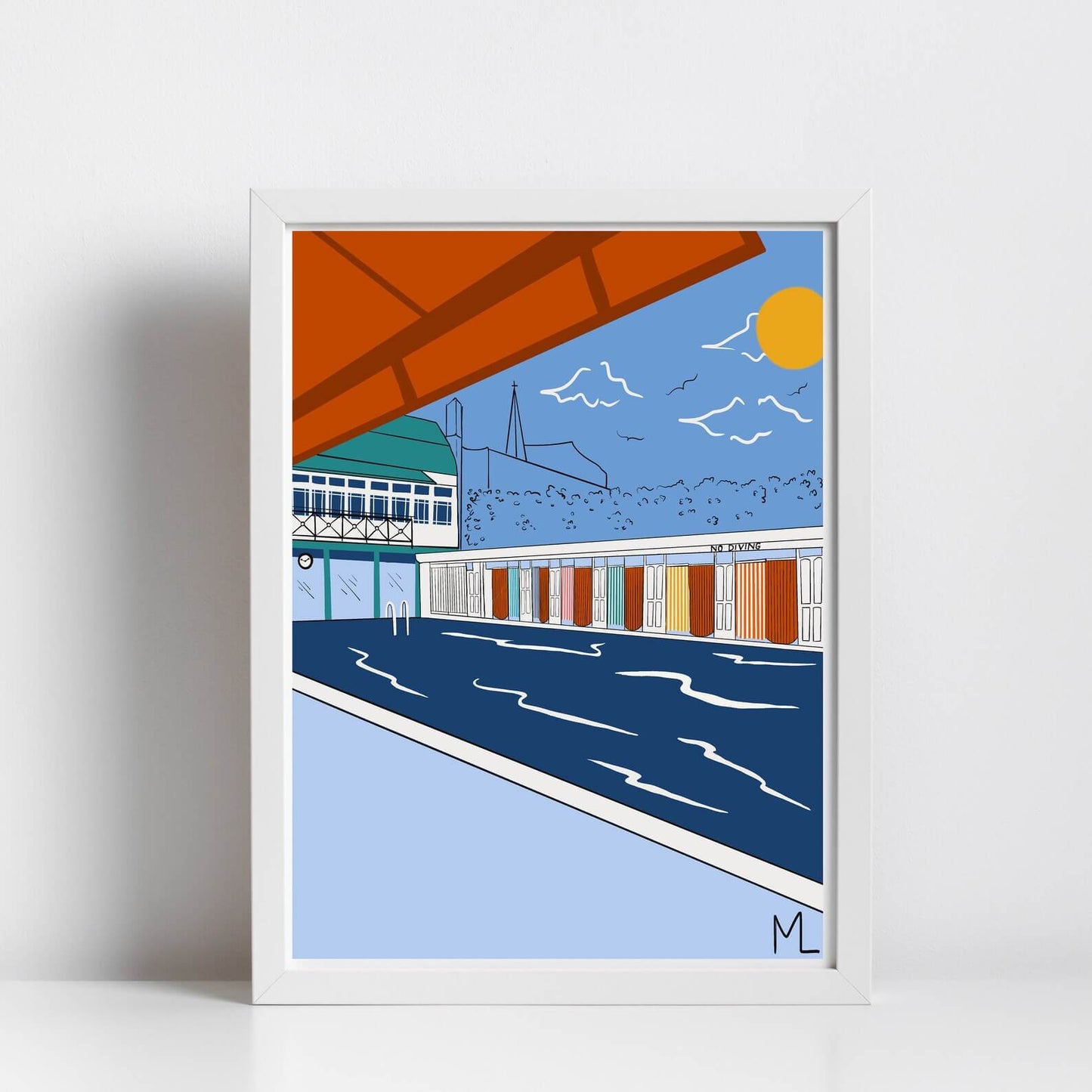 A4 Framed Clifton Lido Bristol Art Print- Colourful Poolside Wall Art | A4 Illustration homeware shops bristol gift shops bristol Made By Meg