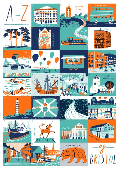 Prints A3 A-Z of Bristol Giclee Print homeware shops bristol gift shops bristol Sarah Martin Illustration