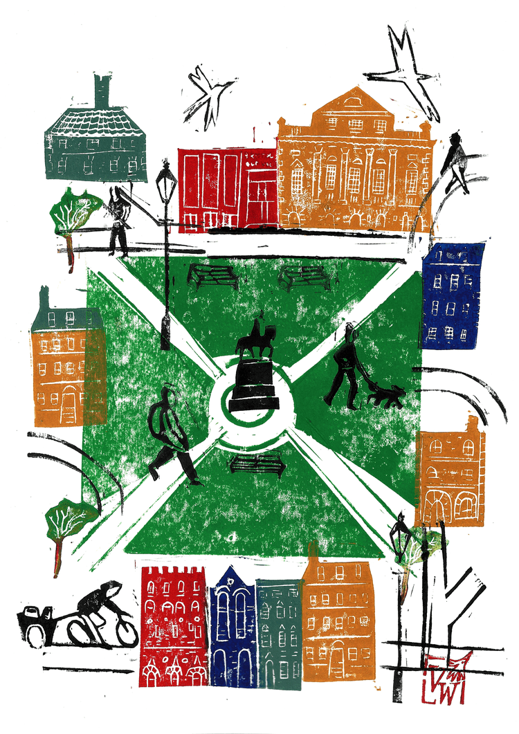 Print A4 Queens Square, Original Linocut Print homeware shops bristol gift shops bristol Victoria Wilmott