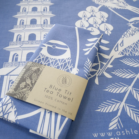 Ash Leaf Printing Tea Towel Bluetits Tea Towel in Blue