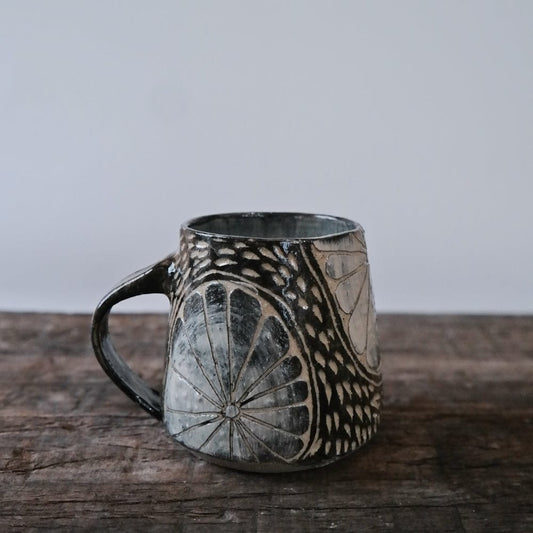 Ceramic Mug Cream Base w/ Black Detail Black & White Carved Ceramic Mug homeware shops bristol gift shops bristol AKF Ceramics