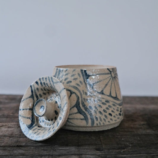 Decorative Ceramic Jar Cream Base w/ Blue Detail (a) Handmade Illustrated Ceramic Jar (Various Designs) homeware shops bristol gift shops bristol AKF Ceramics