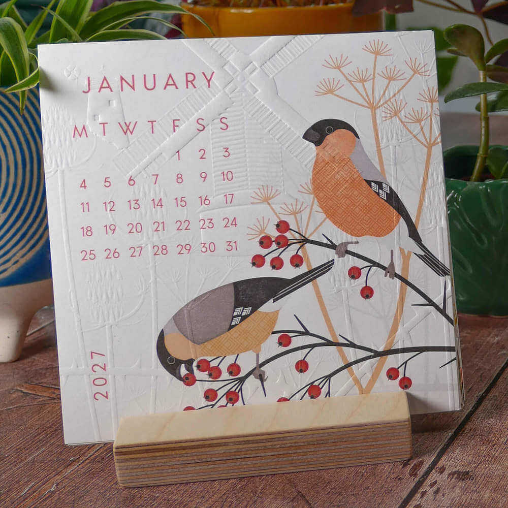 Bird Calendar Hand Embossed 2027 Bird Desk Calendar (With Stand or Without Stand) homeware shops bristol gift shops bristol Ash Leaf Printmaking