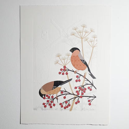 Bird Linocut 'Bullfinch' Reduction Lino Print homeware shops bristol gift shops bristol Ash Leaf Printmaking