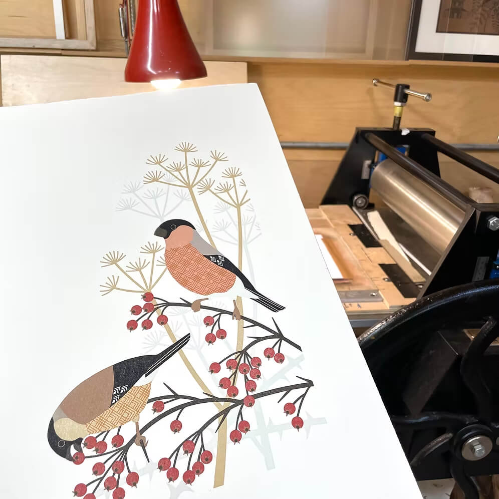 Bird Linocut 'Bullfinch' Reduction Lino Print homeware shops bristol gift shops bristol Ash Leaf Printmaking