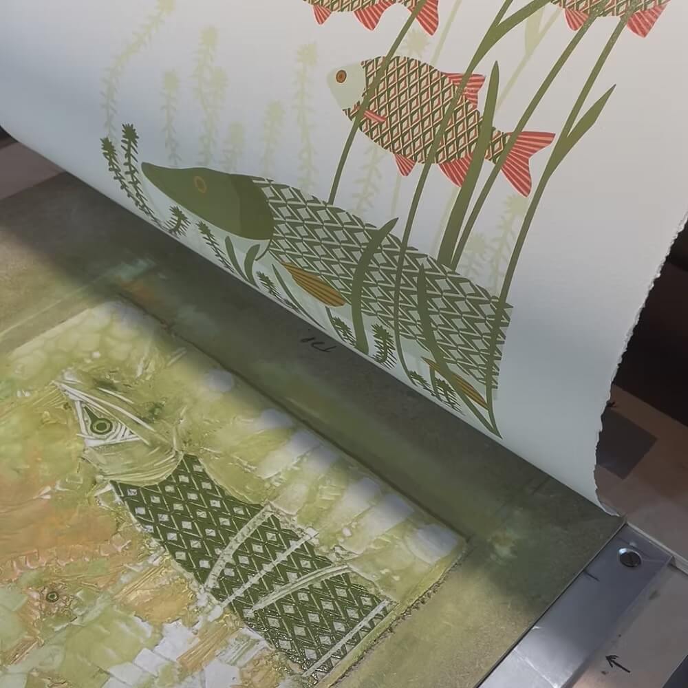 Fish Lino Prints Pike Fishing Reduction Lino Print - Embossed Limited Edition homeware shops bristol gift shops bristol Ash Leaf Printmaking