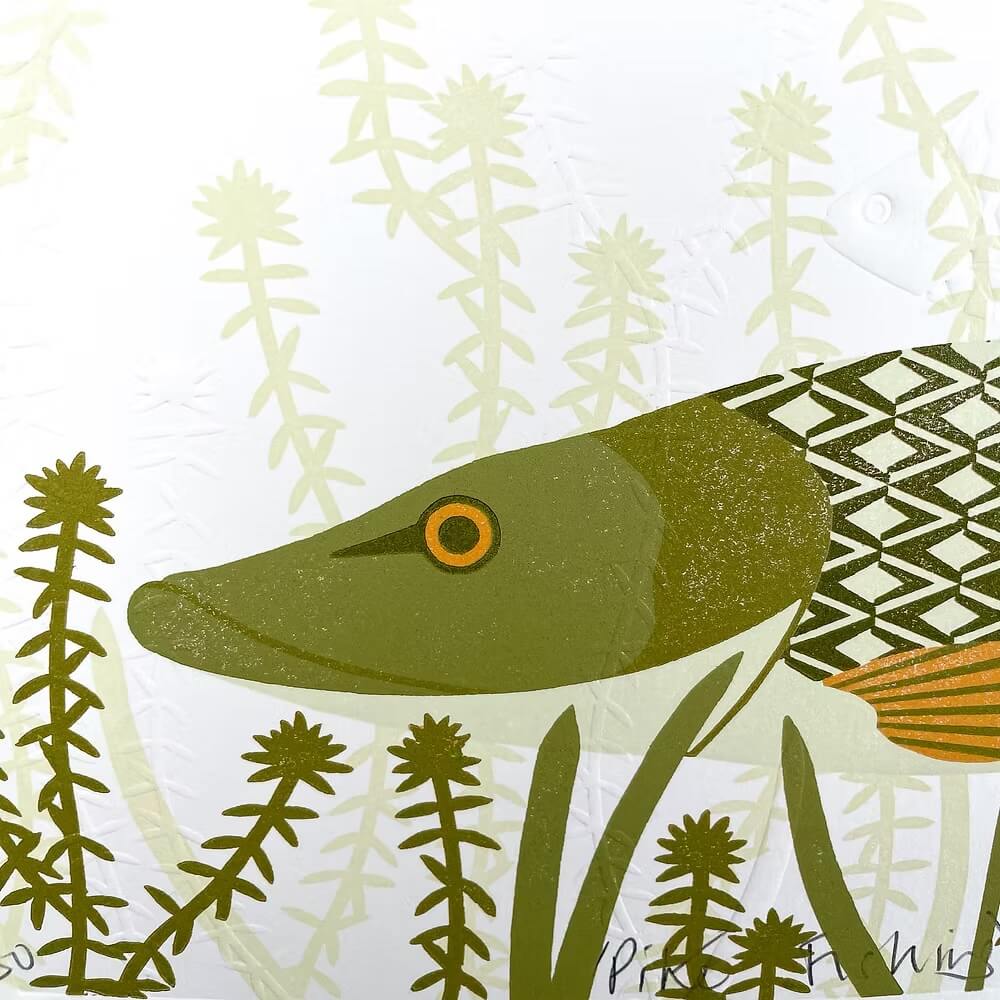 Fish Lino Prints Pike Fishing Reduction Lino Print - Embossed Limited Edition homeware shops bristol gift shops bristol Ash Leaf Printmaking