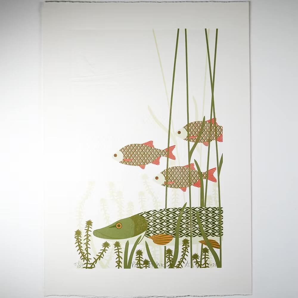 Fish Lino Prints Pike Fishing Reduction Lino Print - Embossed Limited Edition homeware shops bristol gift shops bristol Ash Leaf Printmaking