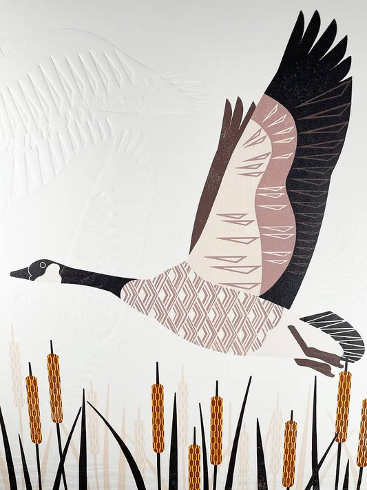 Goose Prints 'Flying Canada Goose' Reduction Lino Print - Embossed Limited Edition homeware shops bristol gift shops bristol Ash Leaf Printmaking