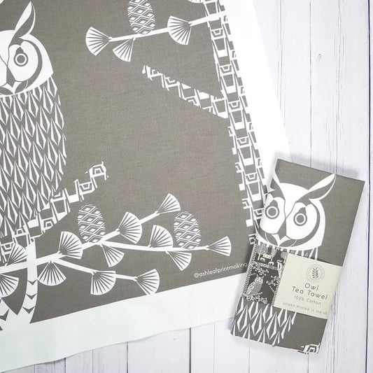 Grey Tea Towel Owl Charcoal Grey Tea Towel homeware shops bristol gift shops bristol Ash Leaf Printmaking