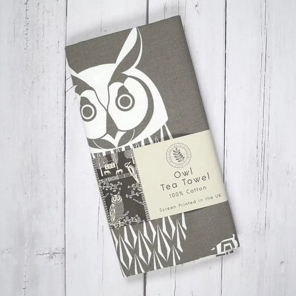Grey Tea Towel Owl Charcoal Grey Tea Towel homeware shops bristol gift shops bristol Ash Leaf Printmaking