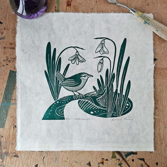 Bird Linocut Snowdrops Original Linocut Print homeware shops bristol gift shops bristol Becca Thorne Illustration