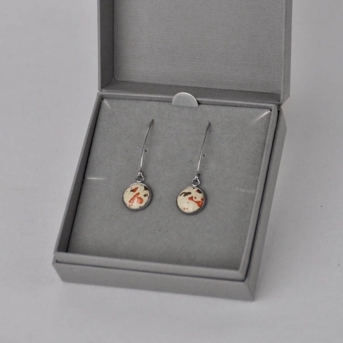 Bex & Bolt Earrings Beige Leatherette with Metallic Bronze & Copper Flecks Stainless Steel V Shape Drops with Gift Box (multiple colours)