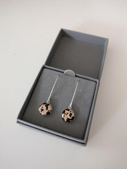 Bex & Bolt Earrings Rose Gold Leather with Black Print Eco Silver V Shape Drops (multiple colours)