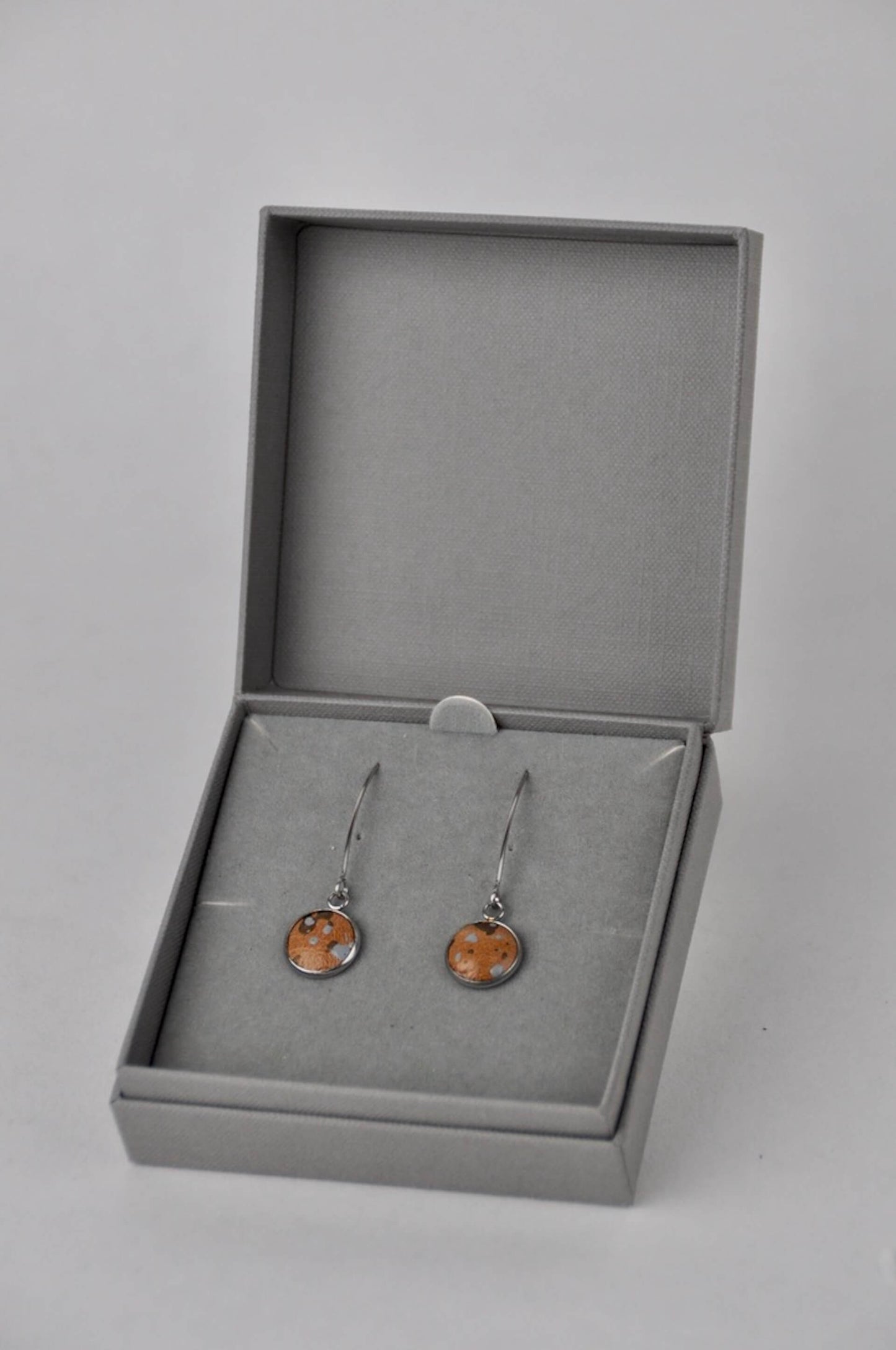 Bex & Bolt Earrings Tan Leather with Metallic Bronze & Grey Flecks Stainless Steel V Shape Drops with Gift Box (multiple colours)