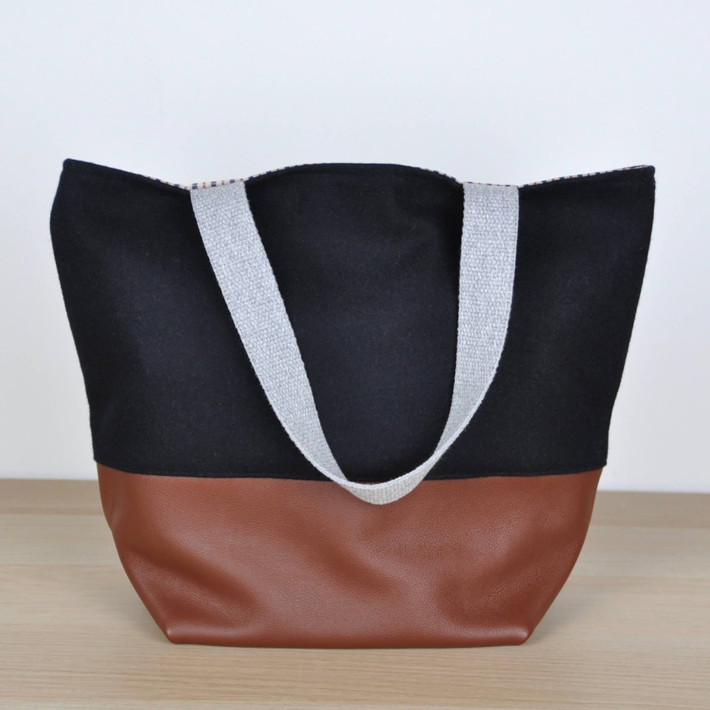 Bits & Totes Bag Mixed Fabric Bag - Midnight Blue Wool & Brown Leather