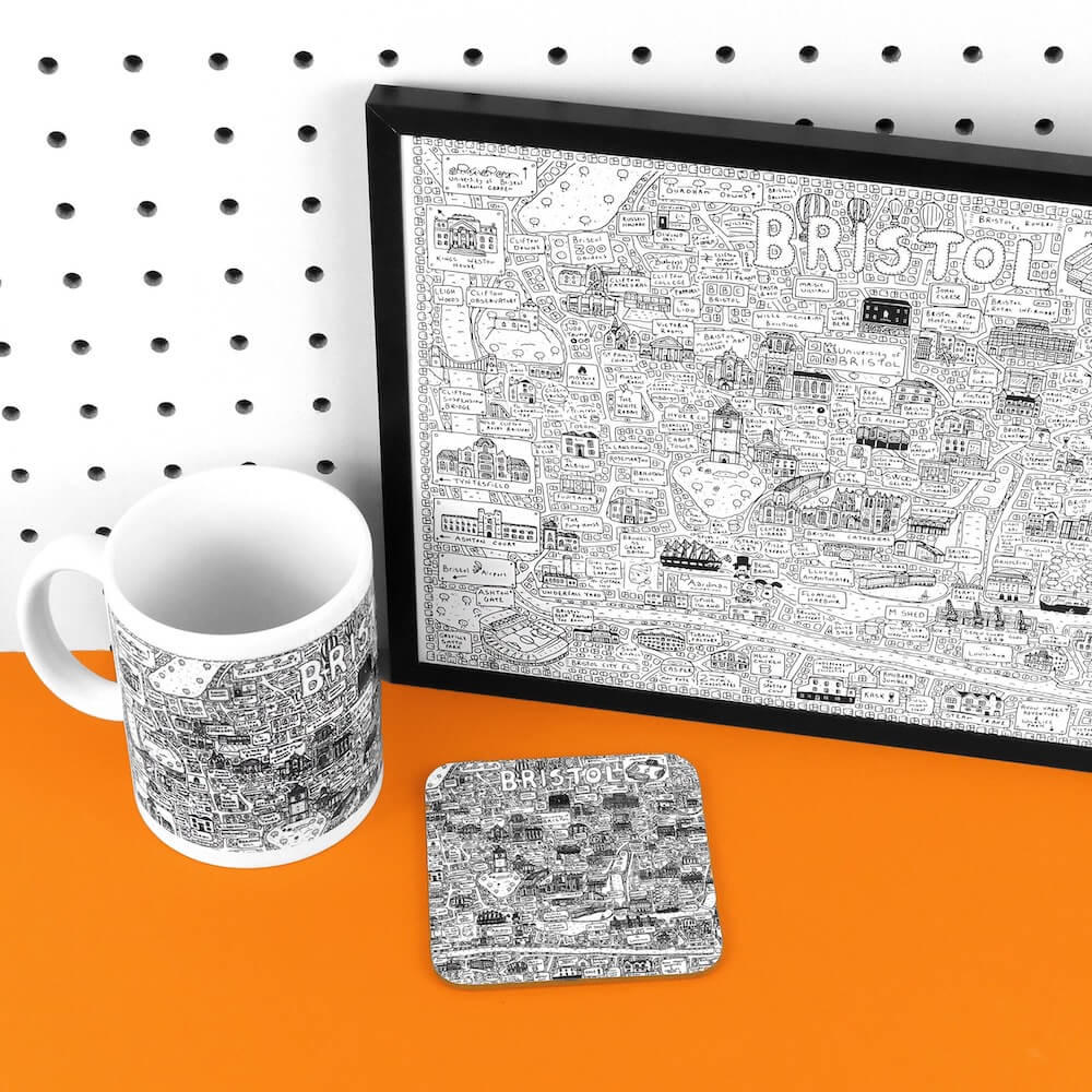 Bristol Coasters Bristol Doodle Map Coasters homeware shops bristol gift shops bristol Dave Draws