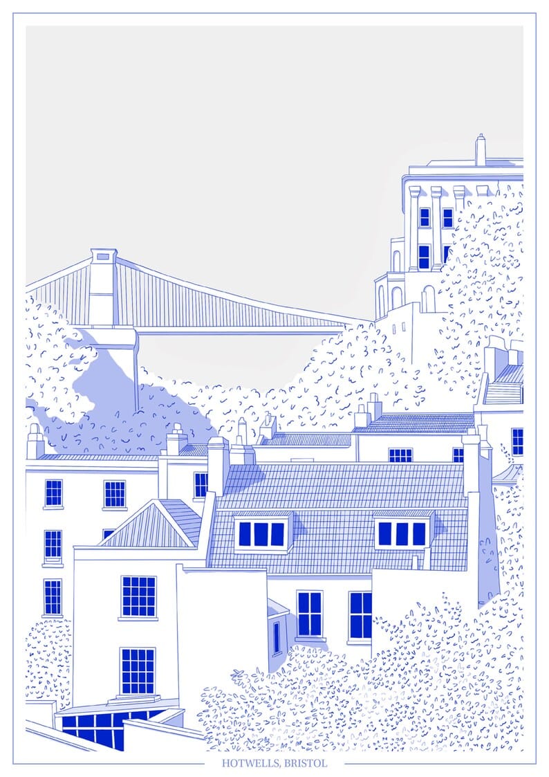 Print Blue Clifton Suspension Bridge Print Hotwells A4 (various colours) homeware shops bristol gift shops bristol Ellie Rowe Design