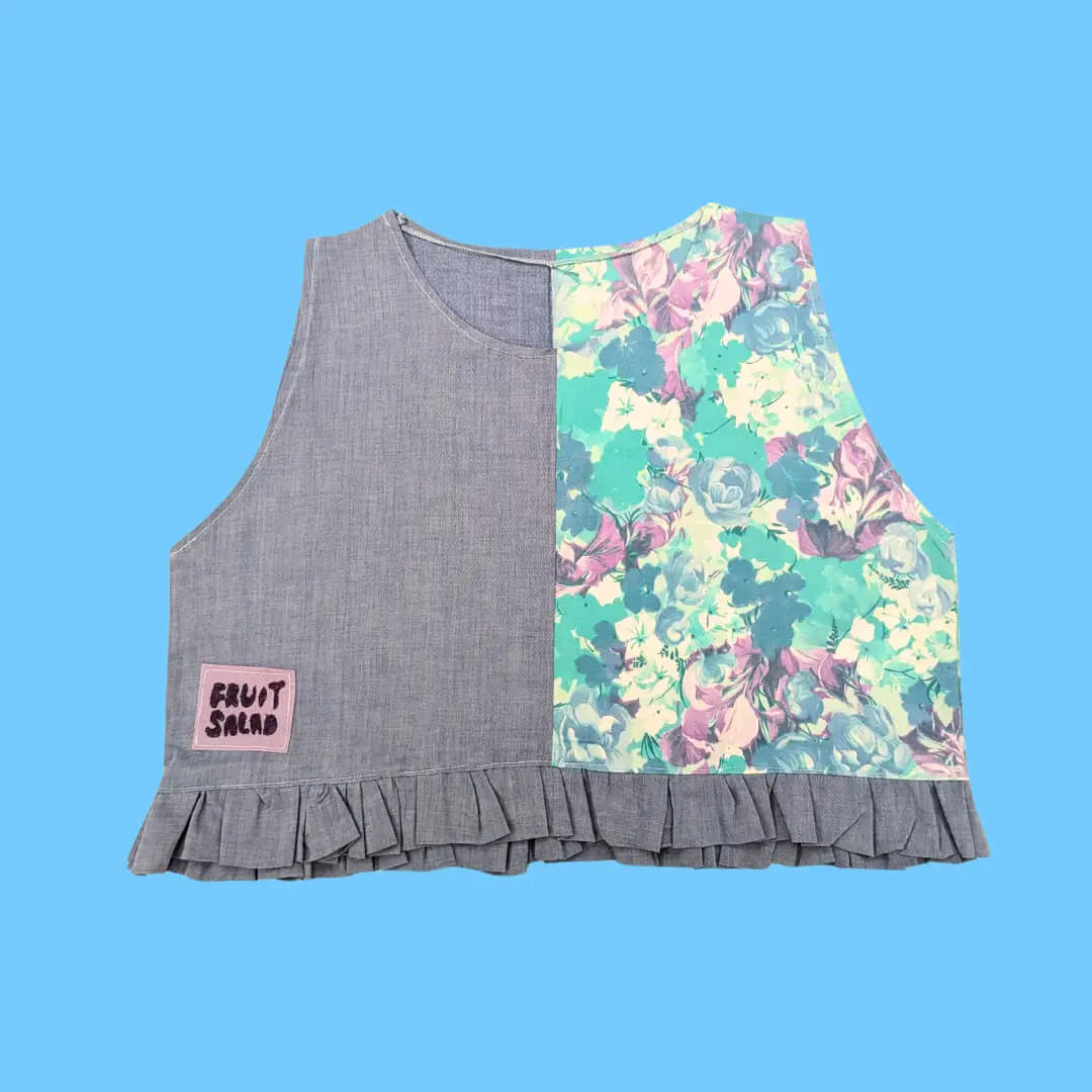 Sustainable Vest Medium Frill Vest- Denim Floral homeware shops bristol gift shops bristol Fruit Salad