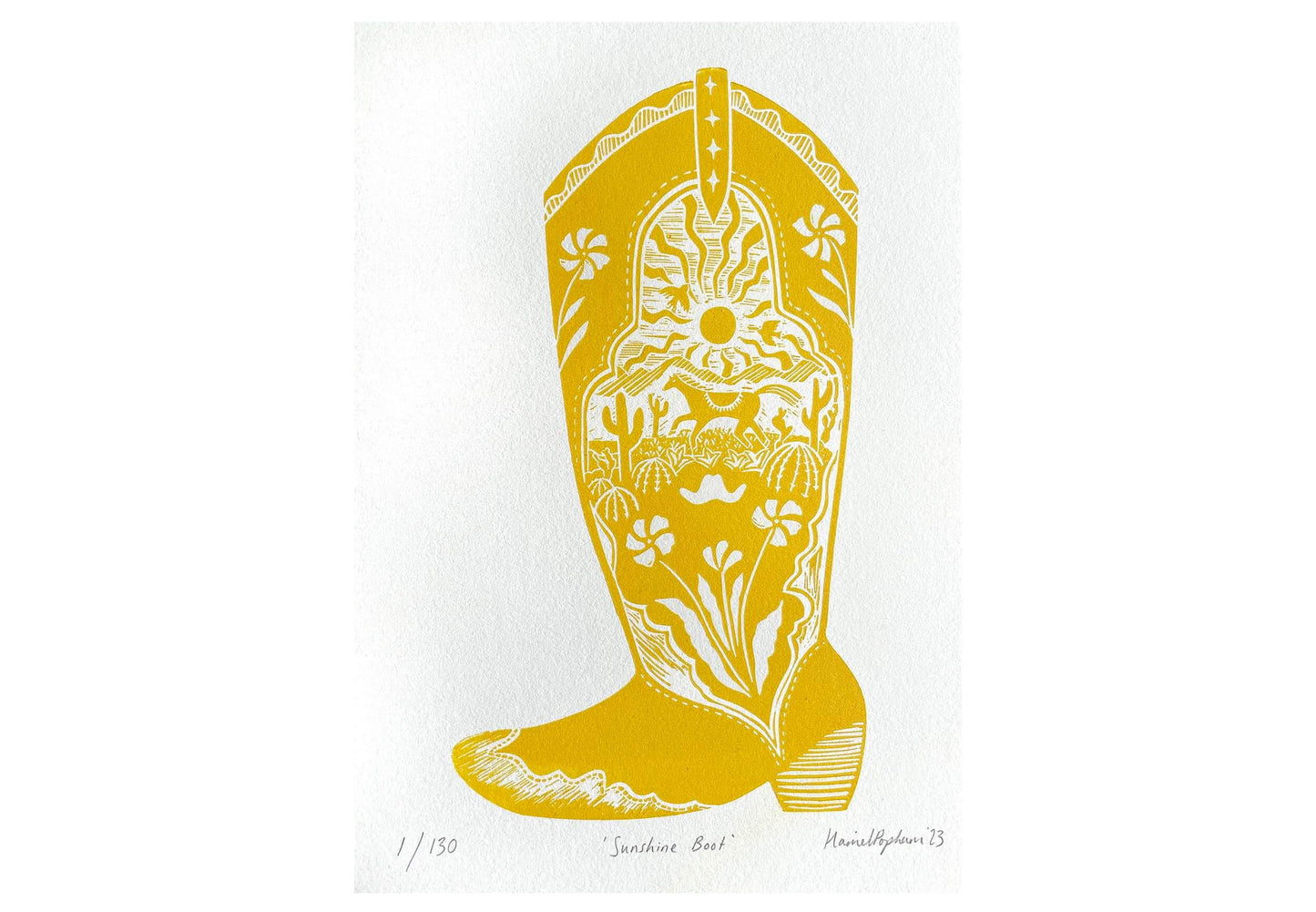 Harriet Popham Sunshine Boot - A4 Original Lino Print - Limited Edition
