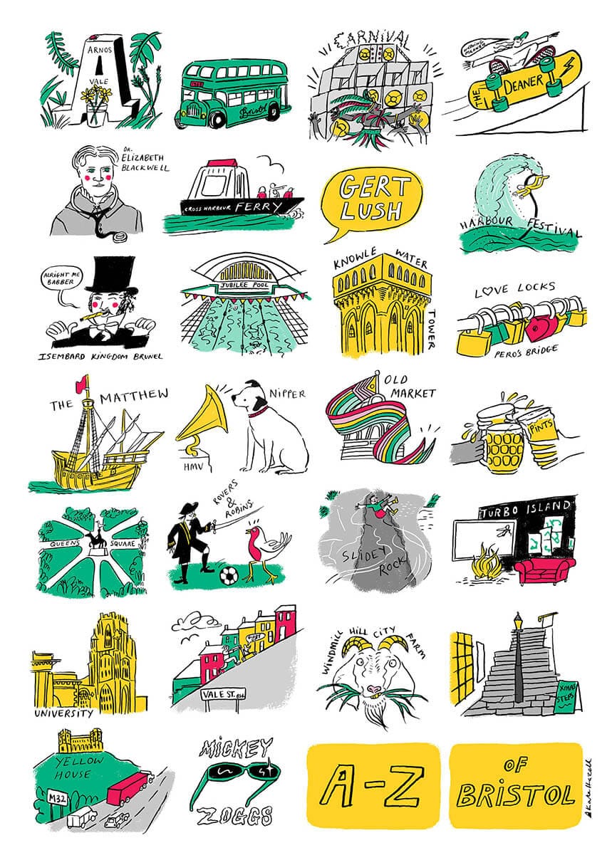 Bristol Prints A3 A-Z of Bristol Print - (various sizes available) homeware shops bristol gift shops bristol Kate Hazell