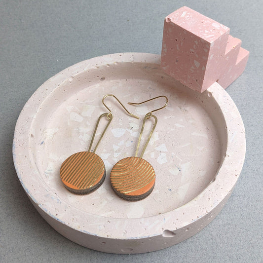 Kay Morgan Earrings Salmon with Gold Lines Recycled Leather Earrings - Circle Drop Pendulum