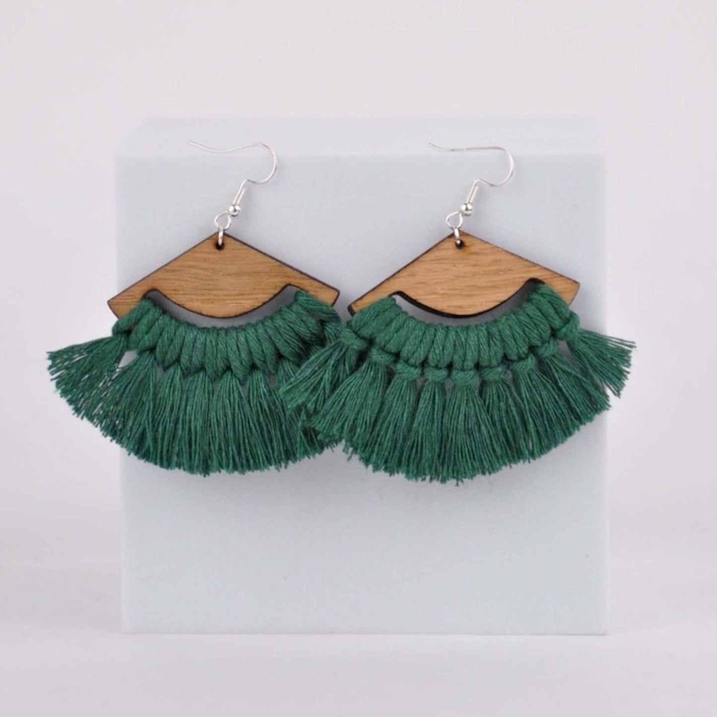 Knots and Stalks Earrings Green Macramé & Wood Earrings - 'Fan' (various colours)