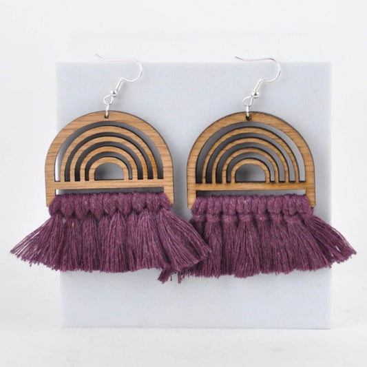 Knots and Stalks Earrings Purple Macramé & Wood Earrings - Rainbow