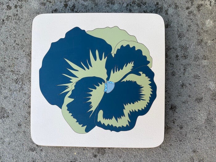 Handmade Trivet Cream, Petrol Blue & Sage Green Pansy Marquetry Pan Trivet - Various Colours homeware shops bristol gift shops bristol Lucy Turner