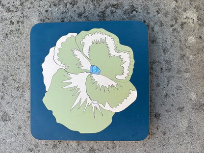 Handmade Trivet Petrol Blue, Sage Green & Cream Pansy Marquetry Pan Trivet - Various Colours homeware shops bristol gift shops bristol Lucy Turner