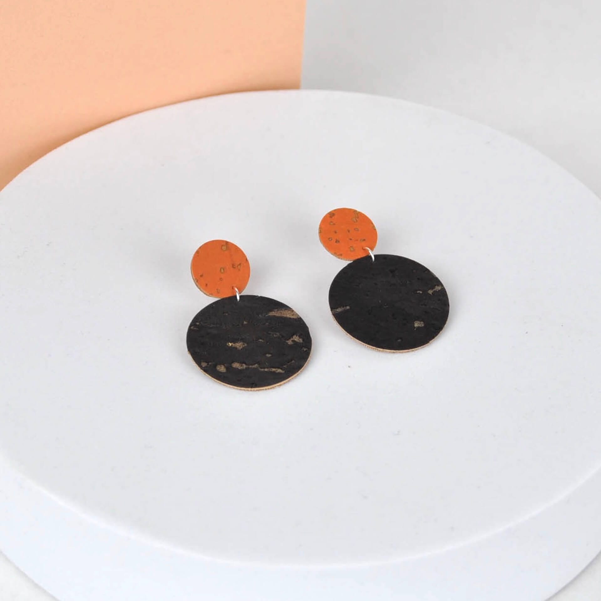 Mama Leopard Jewellery Earrings Cork Earrings -  Circle Drop Studs in Rust & Charcoal