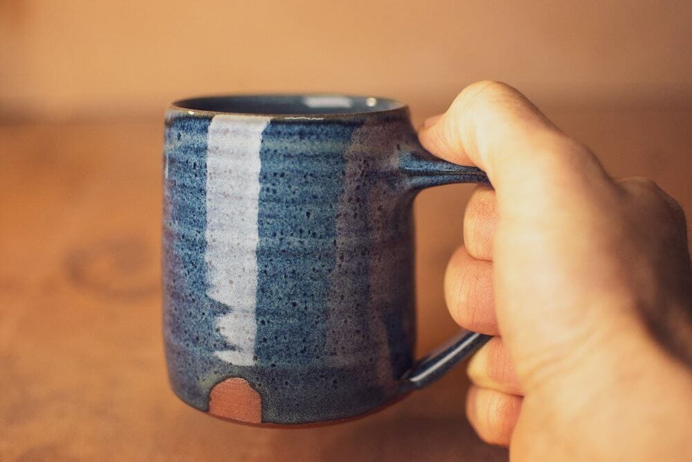 Nicholas Dover Ceramics Mug Red Stoneware Mug with Mottled Blue Glaze