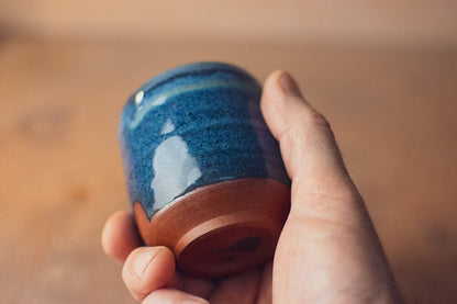 Nicholas Dover Ceramics Mug Red Stoneware Yunomi Cup with Mottled Blue Glaze