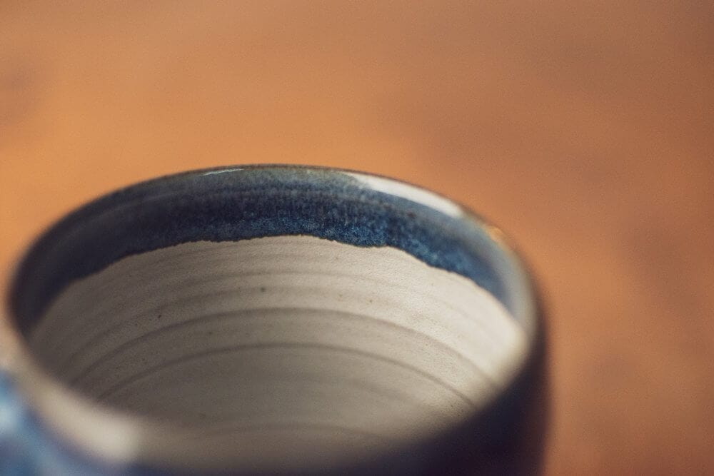 Nicholas Dover Ceramics Mug Red Stoneware Yunomi Cup with Mottled Blue Glaze