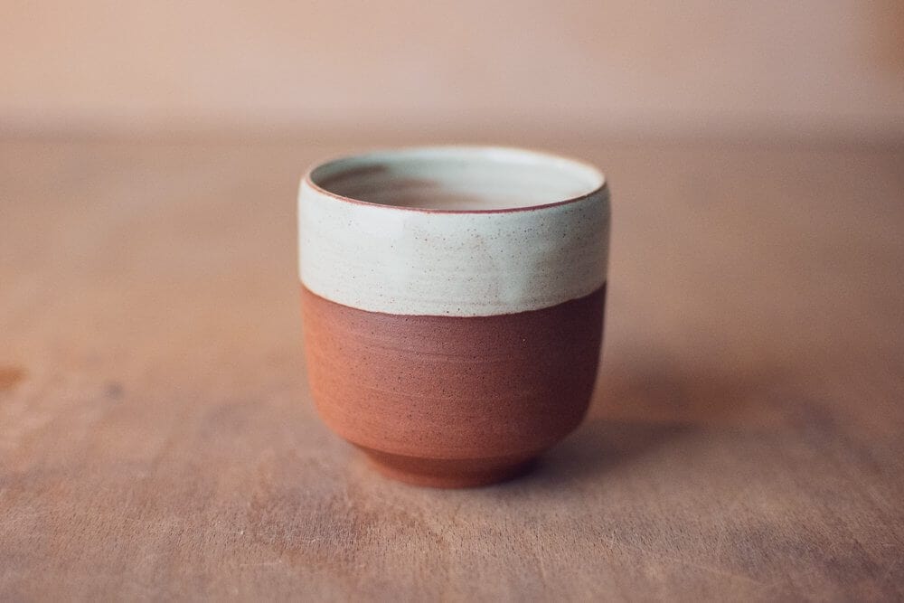 Nicholas Dover Ceramics Mug Red Stoneware Yuonomi Cup with Russet White Dipped Glaze