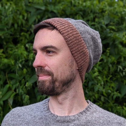Ria Burns Hat Naturally Dyed Beanie - Grey & Madder Red 100% Lambswool