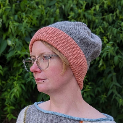 Ria Burns Hat Naturally Dyed Beanie - Madder Coral and Grey 100% Lambswool